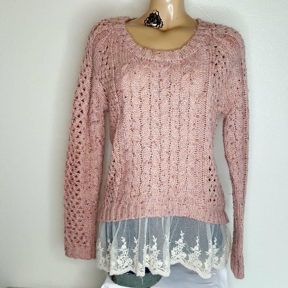 Daisy Shoppe pink lace trim open knit sweater M